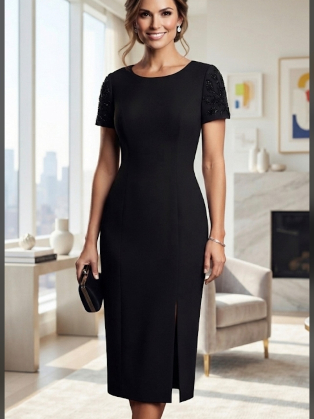 Jhon Robert Women's Black Midi Dress Size 10 – Embellished Sleeve Detail,SKU0144